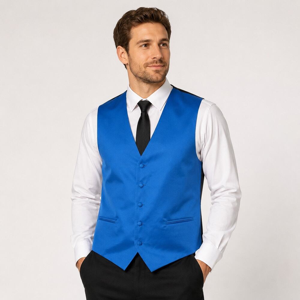 Retro Paris Mens Medium Royal Blue Black Satin Tuxedo Formal Vest Adjustable